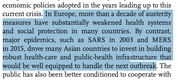 L'Europe a pâti de plus d'une décade d'austérité qui a considérablement affaibli son système de santé. Les pays impactés par le SARS et le MERS avaient, au contraire, davantage investi. (Roselyne, tu écoutes ?)