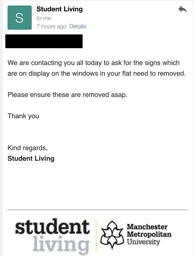 Thousands of students in lockdown in Manchester— and can't leave for exercise or food

Now they're told to ignore media and (below) remove signs such as "Let Us Out" and "Cheers Bojo"

Silencing students doesnt feel like fair response to the predictable disaster that is unfolding