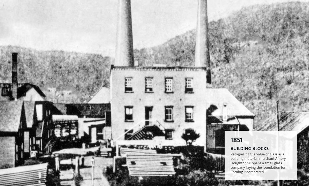 3/ Corning was founded in 1851 as the Bay State Glass Co. After a small series of moves and name changes, the company settled into a small town in upper state New York named Corning in 1868. For 121 years, it would be known as Corning Glass Works.