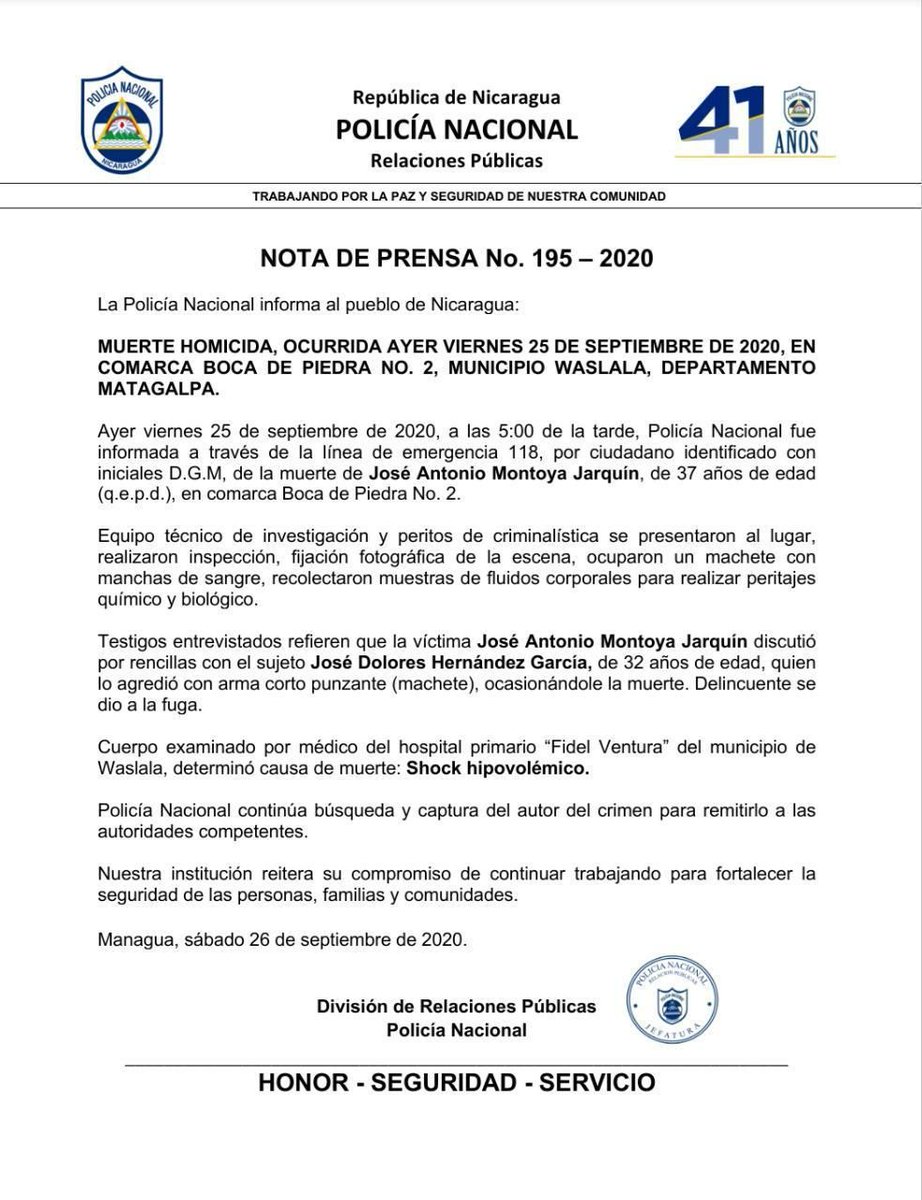 #26Septiembre nuestra Policía Nacional informa sobre suceso violento que llevó al asesinato de un ciudadano en un pleito personal.

Se busca al señalado del crimen.

#VivanLosAzulitos  quienes atienden a nuestra población eficientemente.
#Nicaragua #TE21