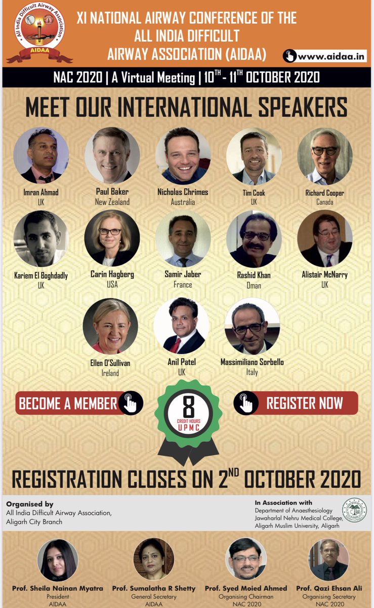 Sheila Myatra (@sheilamyatra) on Twitter photo @UniversalAirway <a href="/NicholasChrimes/">Nicholas Chrimes</a> <a href="/CarinHagberg/">Carin Hagberg, MD</a> <a href="/ProfEllenO/">Ellen O’Sullivan @ProEllenO.bsky.social</a> <a href="/gaspasser/">Richard Cooper</a> <a href="/SorbelloMax/">Max Sorbello</a> <a href="/PaulBakerORSIM/">Paul Baker</a> NAC 2020 will be a virtual meeting. Over 3000 registrations. A scientific feast over 2 days.A unique networking lounge, exhibition area, stalls, a gala evening for you to remember and many prizes to be won. Don’t miss this unique virtual meeting of AIDAA ! in.eregnow.com/ticketing/regi… @UniversalAirway <a href="/NicholasChrimes/">Nicholas Chrimes</a> <a href="/CarinHagberg/">Carin Hagberg, MD</a> <a href="/ProfEllenO/">Ellen O’Sullivan @ProEllenO.bsky.social</a> <a href="/gaspasser/">Richard Cooper</a> <a href="/SorbelloMax/">Max Sorbello</a> <a href="/PaulBakerORSIM/">Paul Baker</a> NAC 2020 will be a virtual meeting. Over 3000 registrations. A scientific feast over 2 days.A unique networking lounge, exhibition area, stalls, a gala evening for you to remember and many prizes to be won. Don’t miss this unique virtual meeting of AIDAA ! in.eregnow.com/ticketing/regi…