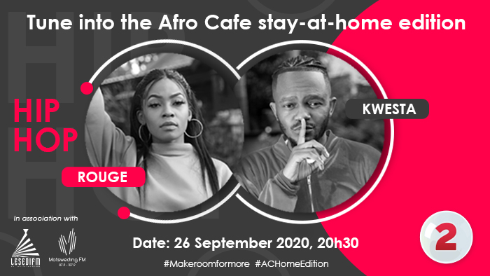 SABC_2's tweet photo. One hour to go!
Are you ready for a @KwestaDaKAR and @Rouge_Rapper Hip Hop special on the @afrocafe_sa stay-at-home edition at 20:30?
Make room for good vibes with the #ACHomeEdition. #SABC2 #MakeRoomForeMore https://t.co/goRsnUvJrS