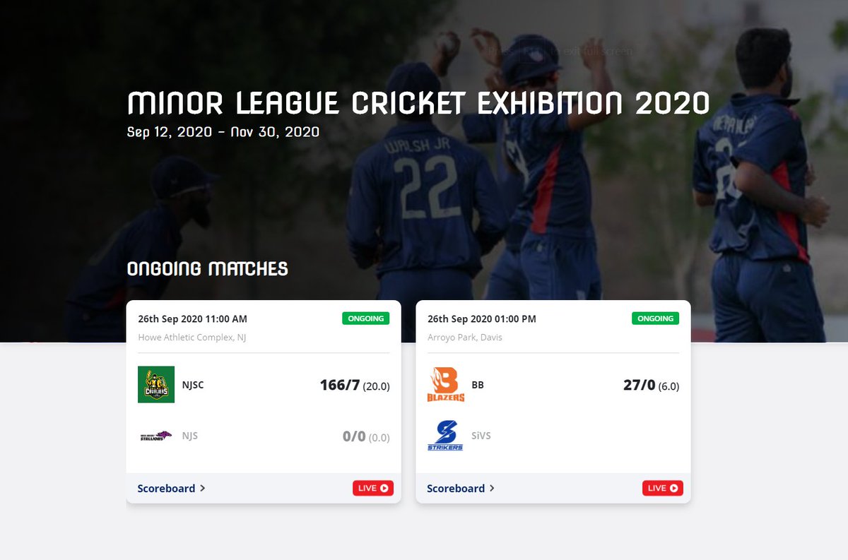 usacricket's tweet photo. New Jersey Somerset Cavaliers make 166 for 7 in the opening innings of this weekend's Franchise Exhibition Matches in #MinorLeagueCricket🏏

And over on the West Coast, East Bay Blazers are batting 1st vs Silicon Valley Strikers 

LIVE SCORES▶️: https://t.co/0LAovMnNdN https://t.co/yctW37Ek3v