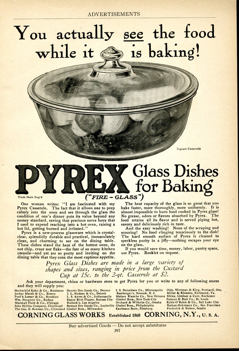 6/ Corning solved the railroad lantern problem so well, that demand plummeted. The company began looking for other ways it could use heat-resistant glass. During this time, one of  $GLW's scientist's wife complained about her cooking ware always shattering when she baked. Voila!