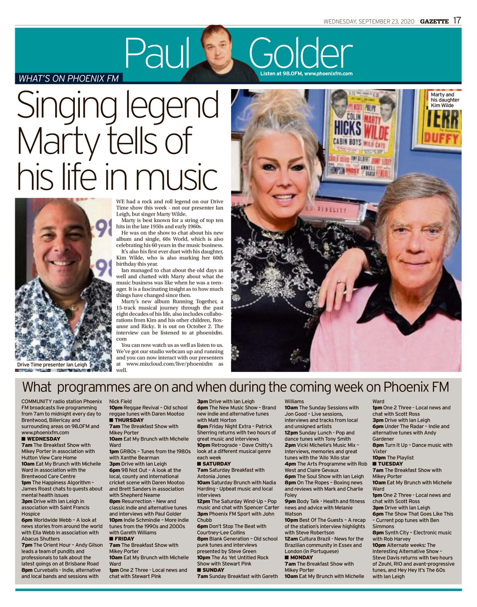 paulvgolder's tweet image. My page in @BrentwoodGazet1 this week highlights @ianleighdj 's interview for @phoenixfm with rock and roll legend @martywilde3 

phoenixfm.com/2020/09/26/sin…