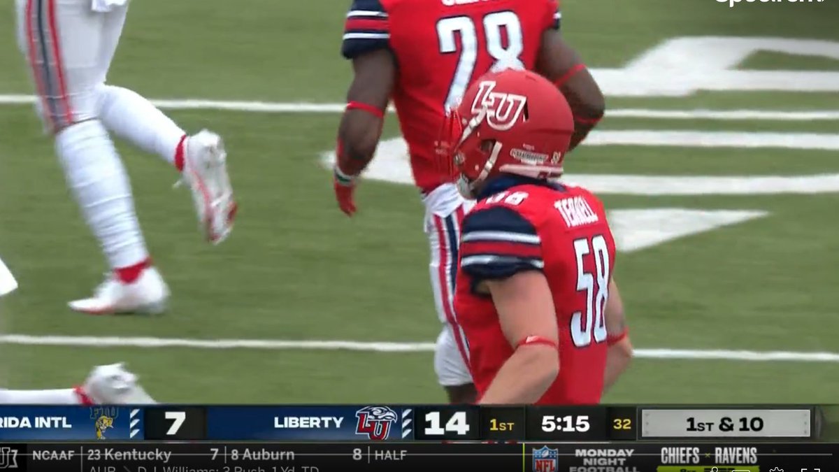 lowkey fire matchup is FIU-Liberty. We have a double multi-lettered helmet scenario.the Flames introducing the matte red was a surprise to me and I like that alternating stripe pattersalso, this gold leaf look from the Panthers is genuinely elegant, too