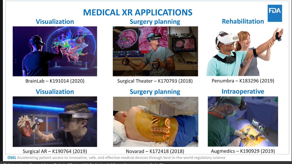 40/ Ryan Beams of the Food and Drug Administration ( @US_FDA) talks about the "Regulatory Evaluation Challenges for Medical Extended Reality Devices"Lists applications using XR devices approved by the FDA + specific VR & AR min spec performance questions for medical applications
