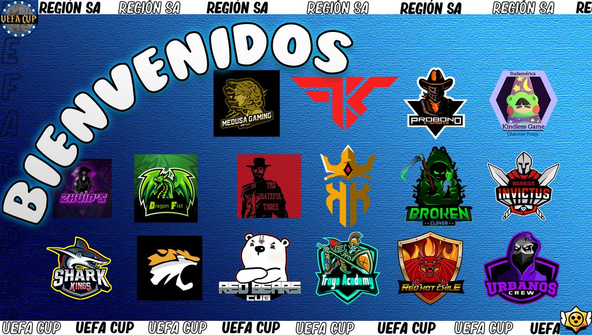 #BrawlStars | #UefaCupBS 

Presentación (1/2)
Bienvenidos a los equipos de la región SA que competirán en la 4ta edición. Que buscan llevarse el título y el premio.