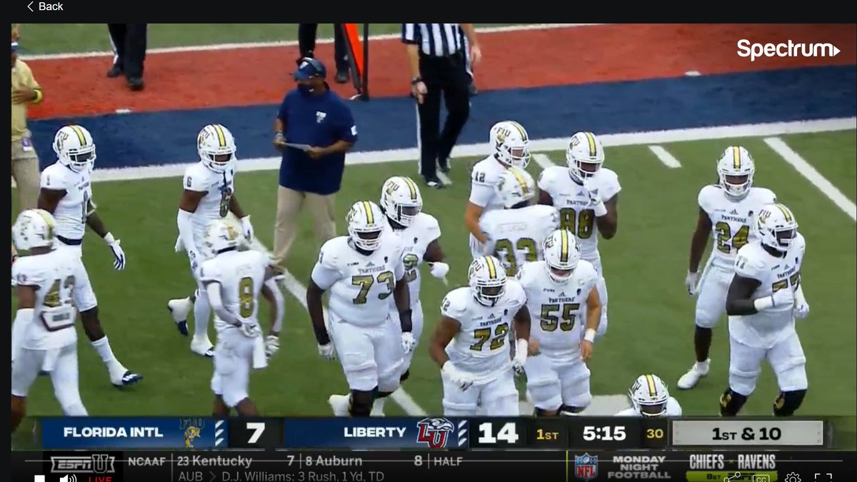 lowkey fire matchup is FIU-Liberty. We have a double multi-lettered helmet scenario.the Flames introducing the matte red was a surprise to me and I like that alternating stripe pattersalso, this gold leaf look from the Panthers is genuinely elegant, too