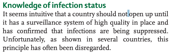 "Il semble intuitif qu'un pays ne devrait pas se rouvrir sans un bon système de surveillance et la confirmation que l'infection est maitrisée. Malheureusement, comme nous le montrent certains pays, cette idée a souvent été simplement écartée."