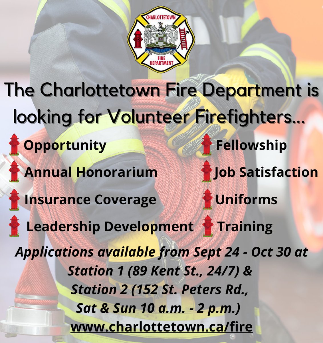 ChtownPE's tweet photo. Have you always wanted to become a volunteer firefighter? Now is your chance?  @ChtownFire annual recruitment campaign is taking place from now until October 30. For more info, visit: https://t.co/1gbvF4hFXp https://t.co/cycX3LHkFa