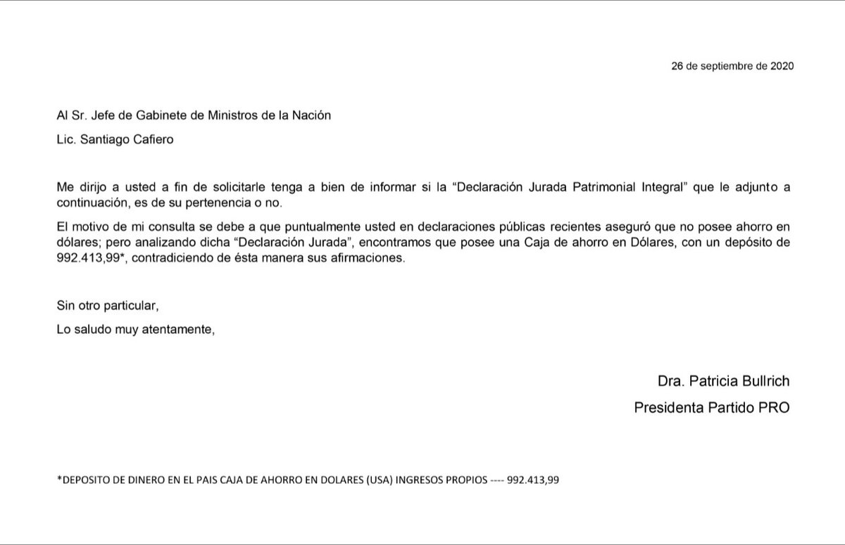PatoBullrich's tweet photo. Después de que el Presidente pidiera ahorrar en pesos, le mandé una nota al jefe de Gabinete.
Dijo que ya no tenía dólares, pero en su declaración jurada figura que sí. 
Si los vendió, ¿a qué dólar recurrió? Sería importante conocer su respuesta y terminar con el doble discurso. https://t.co/lQP7bd2lpU