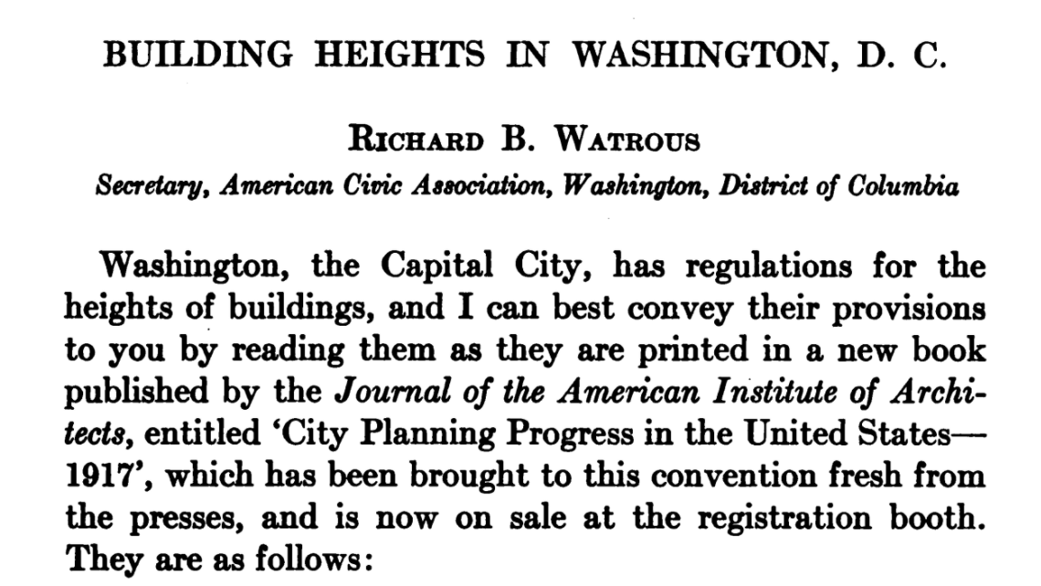 Next up is Richard B. Watrous from DC to talk about regulating building heights in the Capital City. He's going to read from a book now.