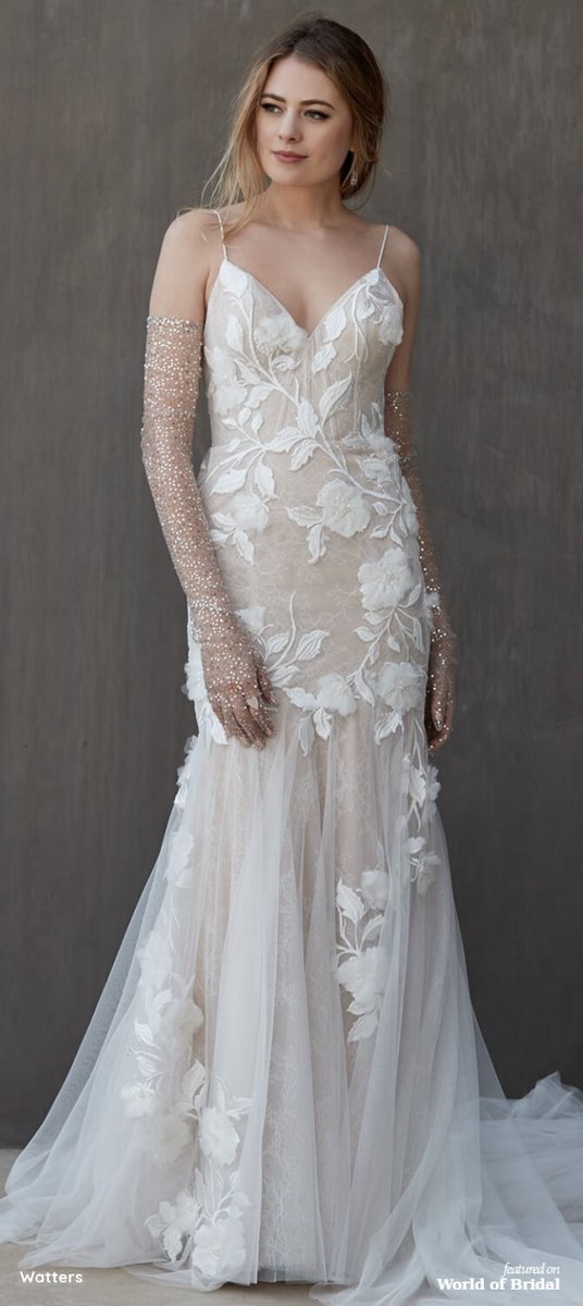 #Embroidery, sequin and pearl beading, and  #floral detailing dances over #dreamy Watters Fall 2020 #Bridal Fit &amp; Flare #Gown. The corset structure of the bodice gives support, while the soft #skirt adds a bit of #romance. bit.ly/36bhzXQ <a href="/WattersWtoo/">Watters</a>