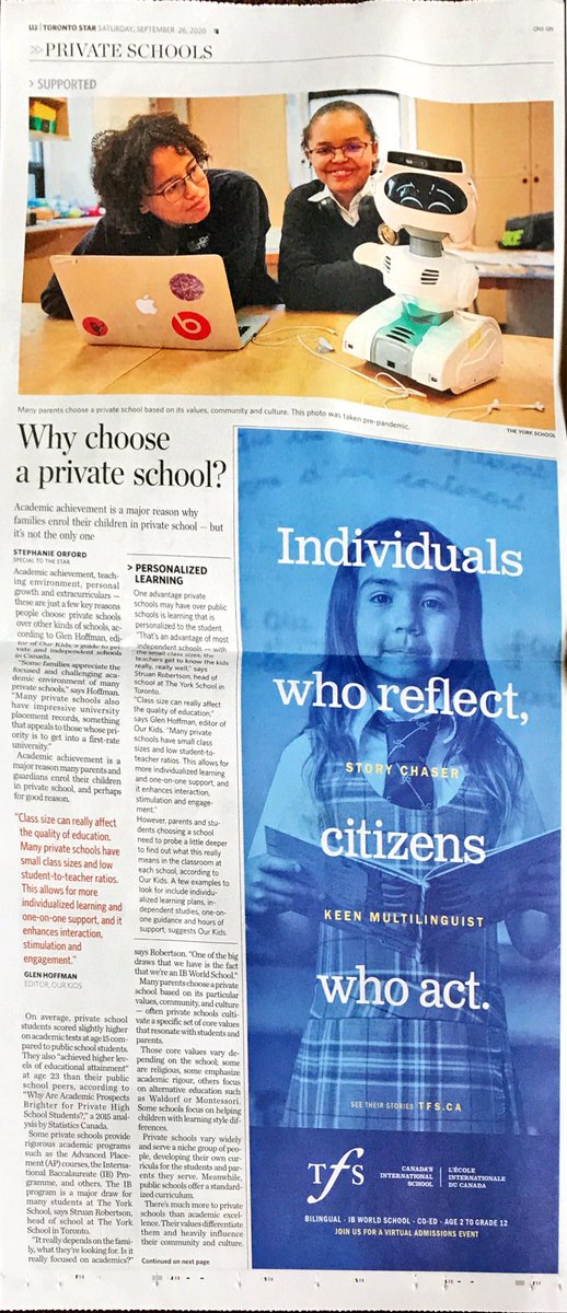 Opened my Saturday  @TorontoStar and found a whole section devoted to Private Schools. At a time when  #OntEd Public School teachers are fighting to make education post-Covid work, running this section seems like a poor choice.