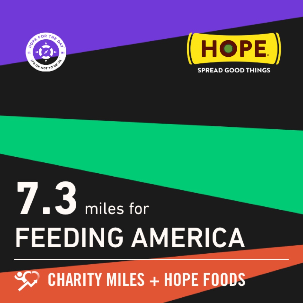 7.3 <a href="/CharityMiles/">Charity Miles</a> for <a href="/FeedingAmerica/">Feeding America</a>. Thx <a href="/HopeHummus/">Hope Foods</a> for sponsoring me! #SpreadHope #HopeForTheDay