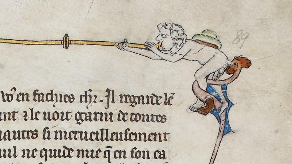 Medieval illustrators generally seem to have thought that Butts Are Funny. Things being done to butts are thus also funny.However, there is a larger theological issue with butts.(BL, MS Royal 14 E III, f. 89)