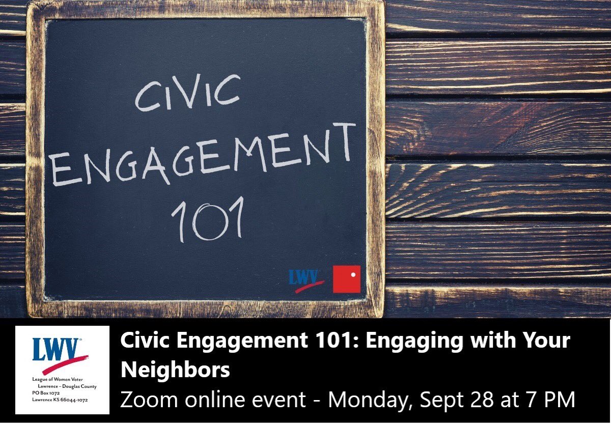 Join us on Zoom for Civic Engagement 101: Engaging with your neighbors this Monday, September 28th at 7pm. 
Hosted by <a href="/lwvldc/">LWV-L/DC</a> <a href="/lawrencelibrary/">Lawrence Public Library</a> &amp; #WriteUsInLFK 

Zoom link: lplks.zoom.us/j/92702840182