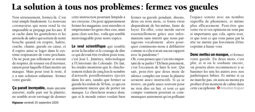 scythez's tweet photo. Fermez vos gueules!' Enfin une solution scientifique à tous nos problèmes, par Sebastian Dieguez (Et abonnez-vous à @Twigousse de sort!) #covid19 https://t.co/pcu9jAbEd0