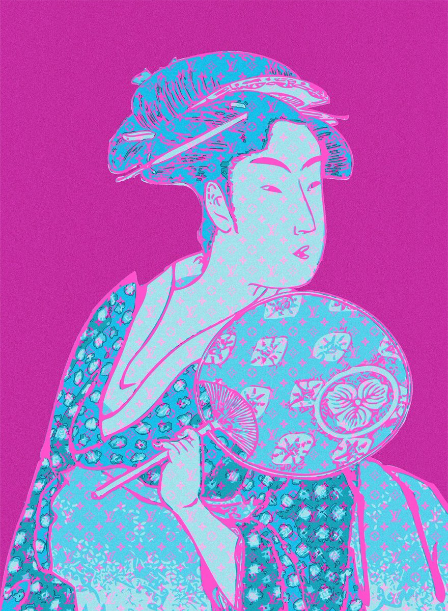 shell_jill's tweet photo. 喜多川歌麿『団扇をもつおひさ』×LVモノグラム

#浮世絵 #歌麿 #オマージュアート #ルイヴィトン #インテリア #お洒落 #アートポスター #芸術の秋 #ukiyoe #utamaro #louisvuitton #interiordesign #hommageart #artposter #popart #shelljill https://t.co/y6vag0i6w7
