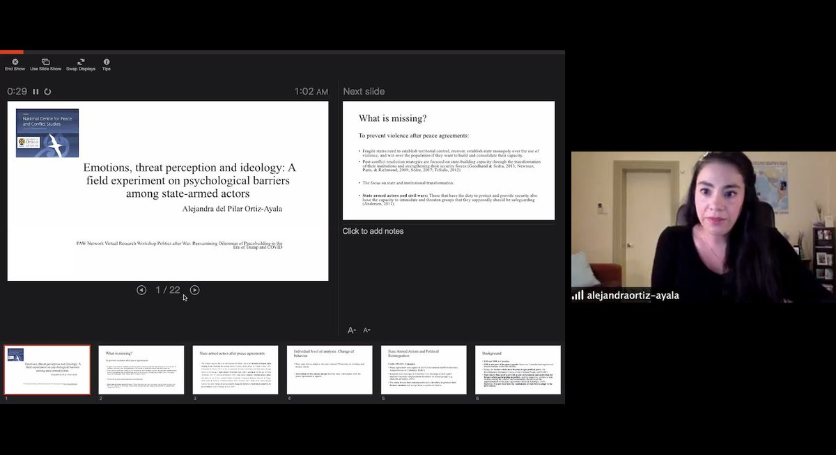 Fascinating presentation by  @aleortizayala on emotions, threat perception & ideology among state armed actors in  #Colombia! If institutions are insufficient to change behaviours, what explains the attitudes of state forces towards "out-group"? And what are the implications? 13/x