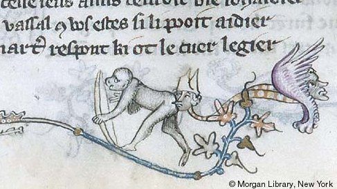 So why is there so much funny ass-kissing in manuscript margins? It's hard to say. It may represent chaos or the inversion of the natural order. (Morgan Library, MS g24, f. 072v)