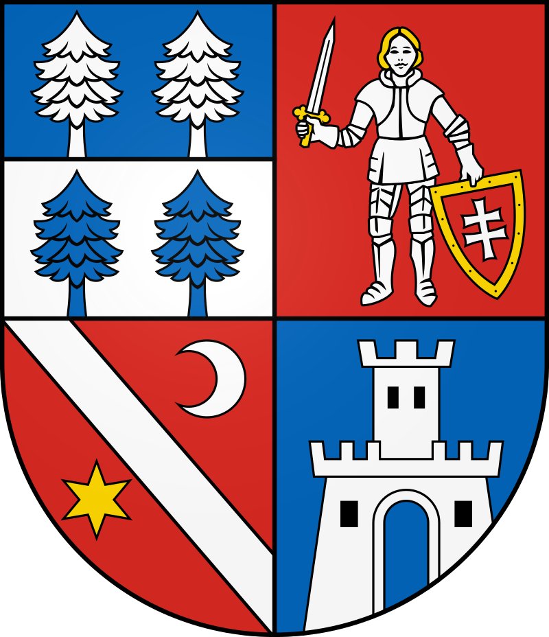 Banská Bystrica (pop. 650 k)This flag is a heavily simplified version of the arms, which are the quartered arms of 4 former counties, when this area was part of the Hungarian empire. One of them (Nógrád; top right) still exists on the Hungarian side of the border.