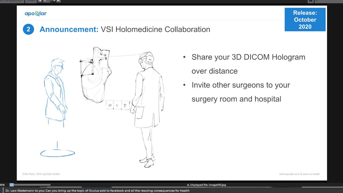 15/  @ApoQlar CEO Sirko Pelzl talked about their VSI Holomedicine Platform that can be used for training, patient education, pre-op planning, surgery, telemedicine, & documentation. They did the first heart surgery with  @hololens 2. He announced a hologram collaboration platform.