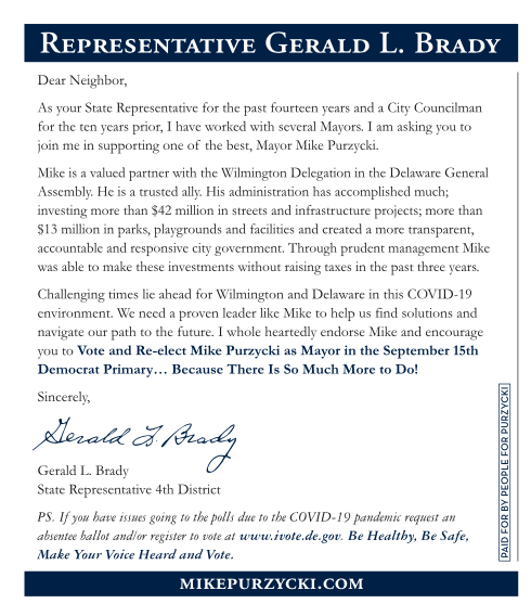 I have worked with several Mayors, and Mayor Mike Purzycki is one of the best!" -Representative Gerald L. Brady... Thank you for your endorsement! #MayorMike2020 #netDE #WilmDE
