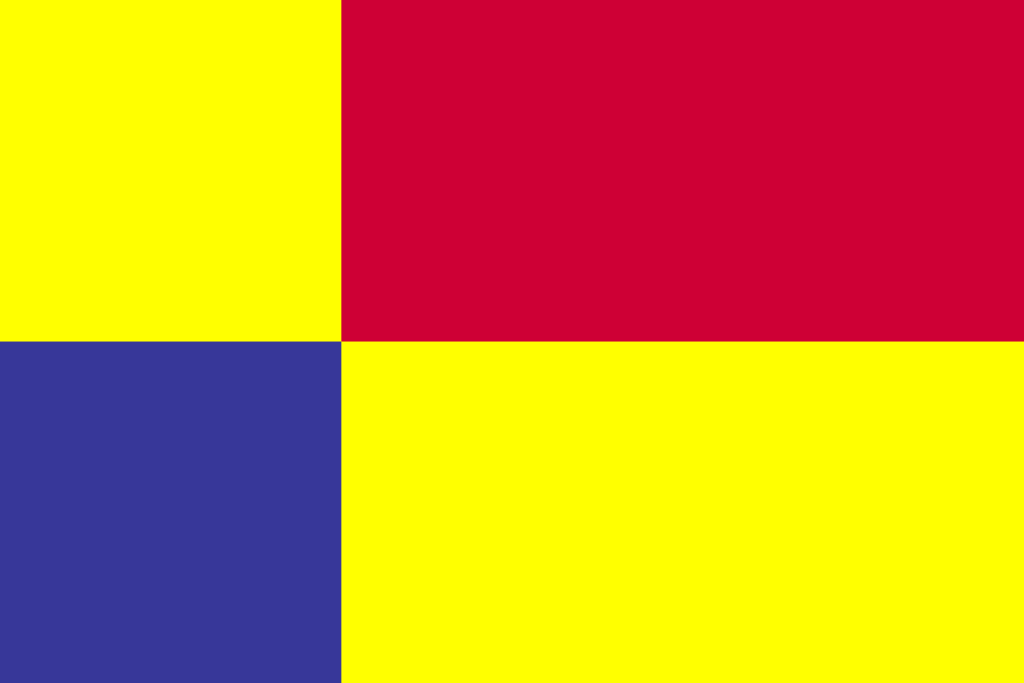 Košice (pop. 800 k)I love this flag - it's so rare to see bright yellow taking such a prominent place on a flag.The flag is only partially inspired by the arms, as you can see. The quartered arms represent 4 historical counties.