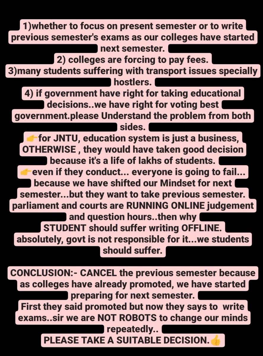 SUMMUE6's tweet photo. @examupdt @jntuh sir plz try to understand our problem we are suffering 4rom 3-1 semester . Now this previous yr xams  it will be burfen to us . how could we write our xams in this pandemic situation sirr.
Save our lives
Save our future .
sir  cooperate with us 🙏🙏🏻. https://t.co/Tgscx3R2tT