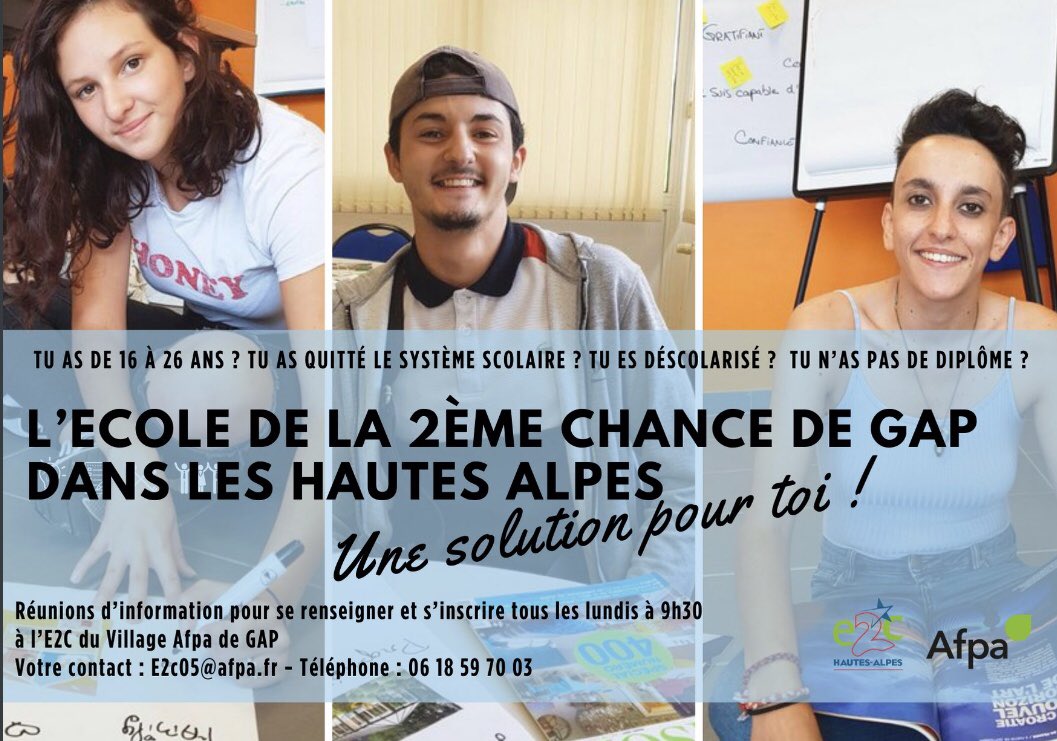 e2c_05's tweet photo. Tu as entre 16-26 ans sans #diplôme #déscolarisé : #Ecole de la 2eChance dans le #VillageAfpa de #Gap a une solution pour toi!👌🧐
1 #Coatching gratuit pour apprendre à travailler sur ton projet #professionnel pour te remettre à niveau &amp; trouver un #Job 👉
https://t.co/xrLP02puE2 https://t.co/jZN5OO2Lak