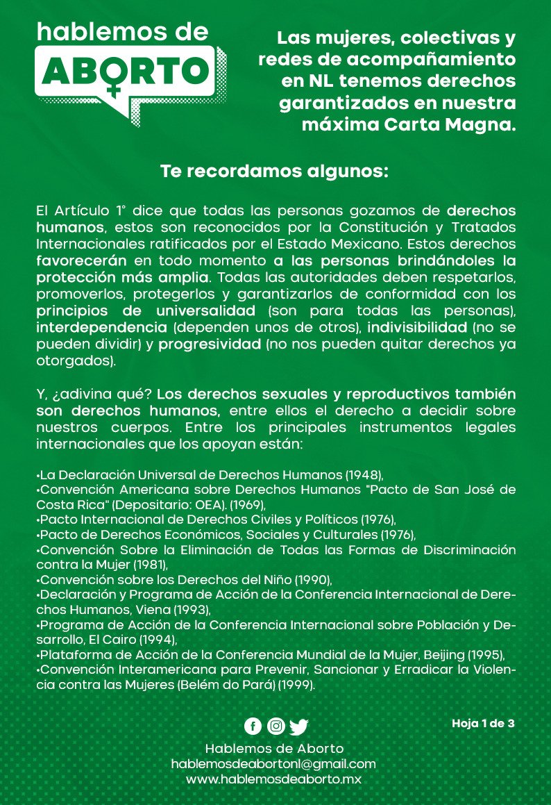 HablemosAborto's tweet photo. *La negación de Abortos Seguros violan los Derechos Humanos.*

Cuando alguna persona o institución niega un aborto seguro, además de trasgredir el derecho a la salud, se violan los derechos a la libertad y autonomía de las mujeres.
#HablemosDeAborto
#AbortoLibreNL
#28S https://t.co/JOpGyrmHje