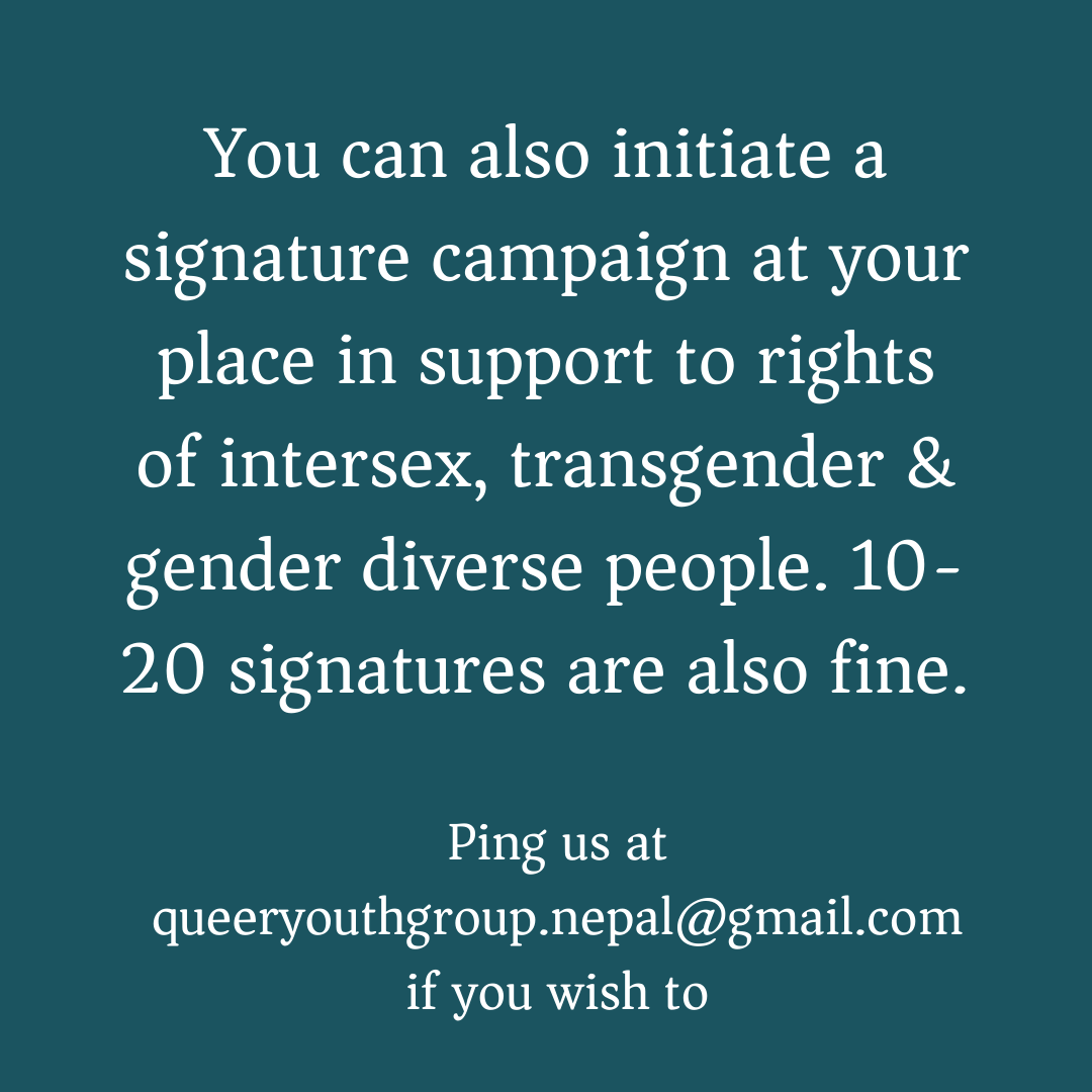 QueerYouthGroup's tweet photo. As folks know that we are initiating signature campaigns in various ways to support #GenderRecognitionInNepal, we'd like to call for people who are willing to initiate a signature campaign in their place. [1/7] https://t.co/CxeJioYDou
