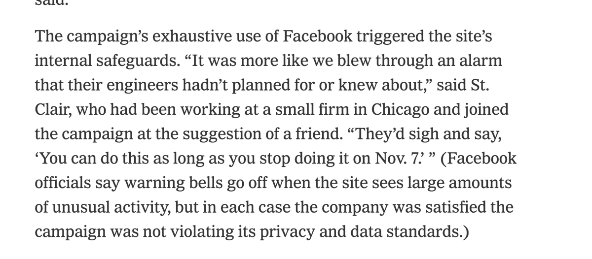 When liberals complain about FB/2016, conservatives often counter that Dems didn't have any problems w/ the company in 2012 w/ Obama's ppl Facebook would "sigh and say, ‘You can do this as long as you stop doing it on Nov. 7,’” an Obama official told the NYT in 2013.