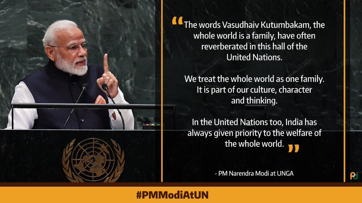 MEAIndia's tweet image. PM @narendramodi reaffirms our ethos at the global level - 

Vasudhaiv Kutumbakam = The World is One Family! 

#PMModiAtUN