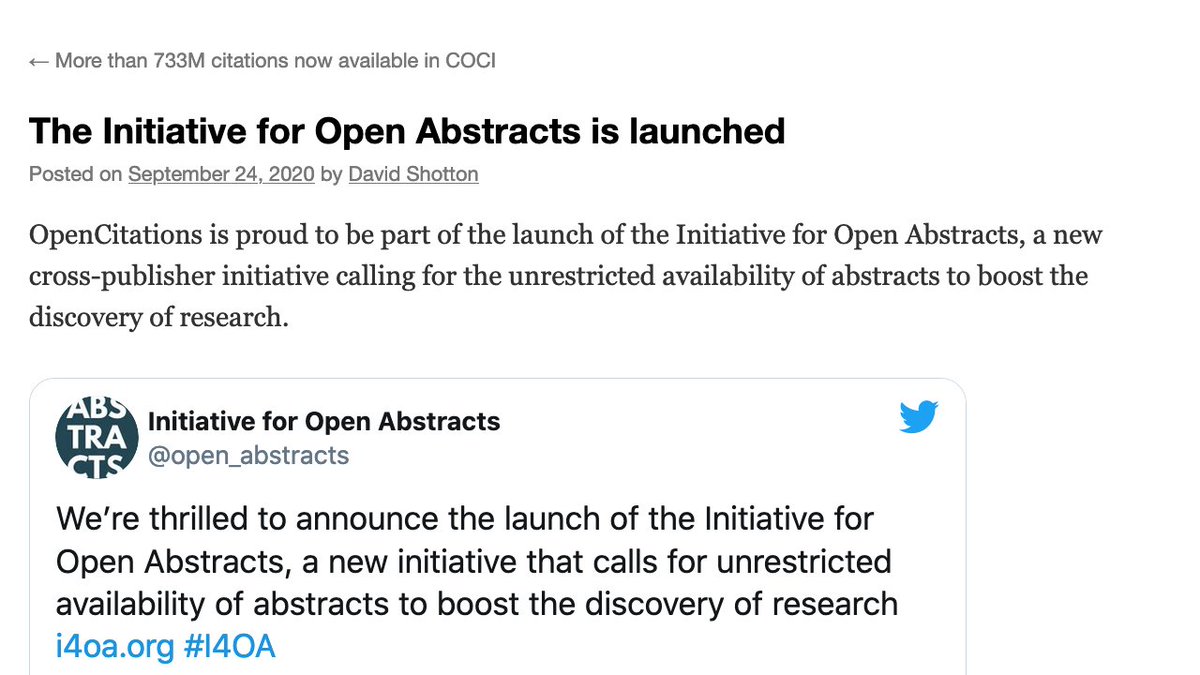 opencitations's tweet photo. Our director, @dshotton, wrote a piece about the #Initative for #OpenAbstracts (#I4OA) launched a few days ago! #OpenCitations is proudly part of the founding organisations of such an initiative!
The article is available in our blog at https://t.co/4KIoYuJvRH https://t.co/009w9UaA9j