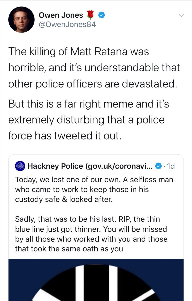 Matt Ratana’s body is barely cold & Owen Jones decides it’s good idea & time to talk about the #ThinBlueLine on a Union Flag being a “far right meme”

The modern Left have utterly lost their minds. Truly staggering levels of disrespect for our embattled cops