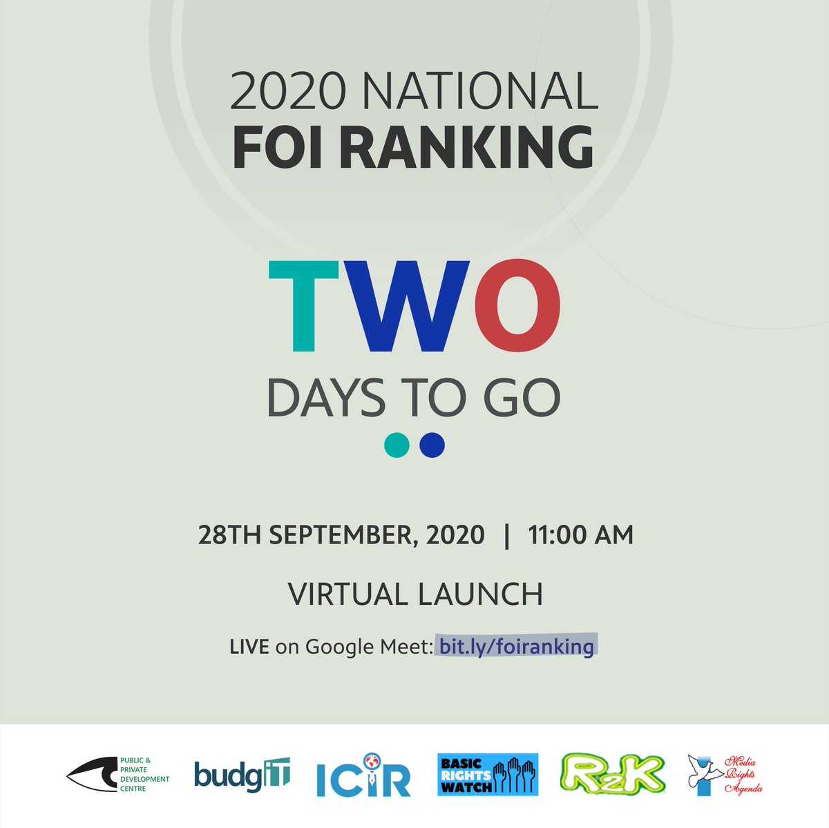 BRWorg's tweet photo. Two more days to the 2020 National FOI Rankings! In Less than a week we would be unveiling the level of compliance by public institutions to the FOIA join on 28/9/2020 10:00am on google meet https://t.co/Lj83fQ1WYV
#FOIRankingNG
#TransparencyAlert https://t.co/JflxNUgPXY