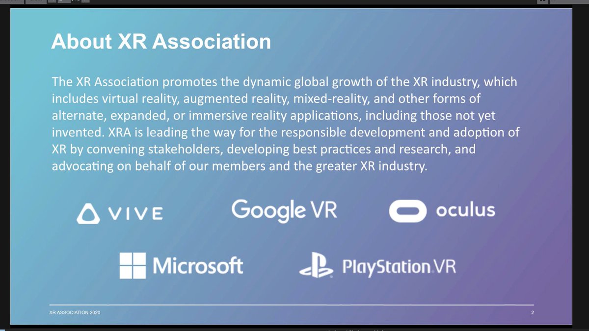 21/  @e_liz_dc of the  @XRAssociation gave an overview of how XRA is looking at XR Public Policy, XR Awareness, and XR Research & Best Practices.XRA has funding from  @htcvive, @GoogleARV,  @Oculus, Microsoft, & Sony Interactive Entertainment. https://xra.org/ 