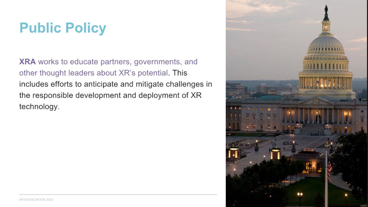 21/  @e_liz_dc of the  @XRAssociation gave an overview of how XRA is looking at XR Public Policy, XR Awareness, and XR Research & Best Practices.XRA has funding from  @htcvive, @GoogleARV,  @Oculus, Microsoft, & Sony Interactive Entertainment. https://xra.org/ 