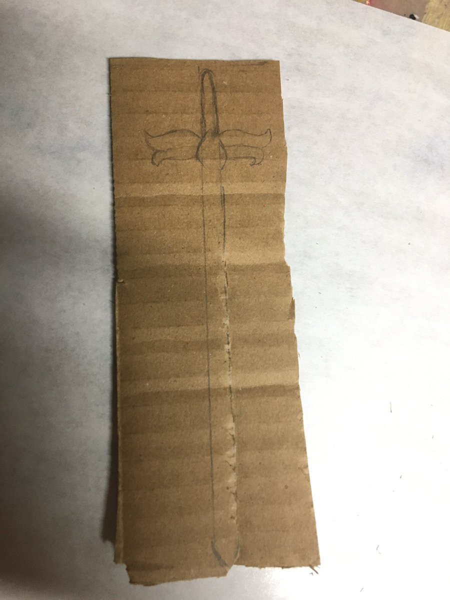 i first drew out my design onto cardboard. i looked at my reference picture and used a ruler and my doll to measure how long it should be (6.5 inches!) then i used my ruler and pencil to sketch out a design and cut it out with my scissors and knife (for the smaller ends)