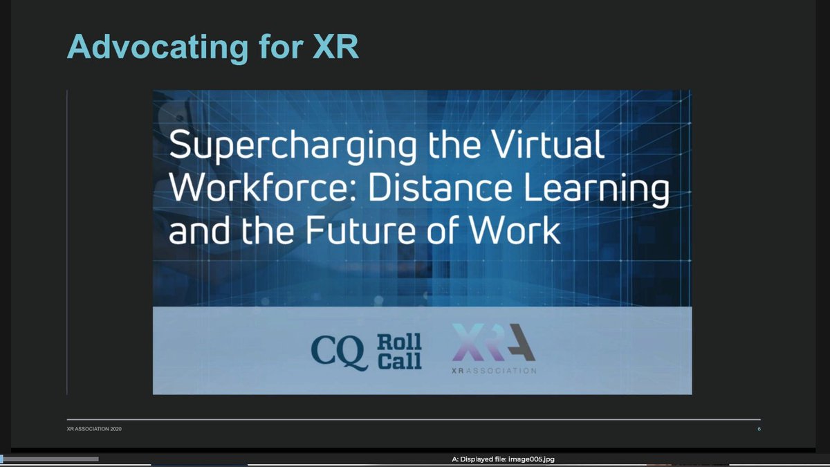 22/  @e_liz_dc showed some  @XRAssociation Resources:Supercharging the Virtual Workforce: Distance Learning & the Future of WorkXR Primer 2.0: A starter guide for XR Developers https://xra.org/research/xr-primer-2-0-a-starter-guide-for-developers/2020 AR & VR Survey Report https://xra.org/research/2020-augmented-and-virtual-reality-survey-report/