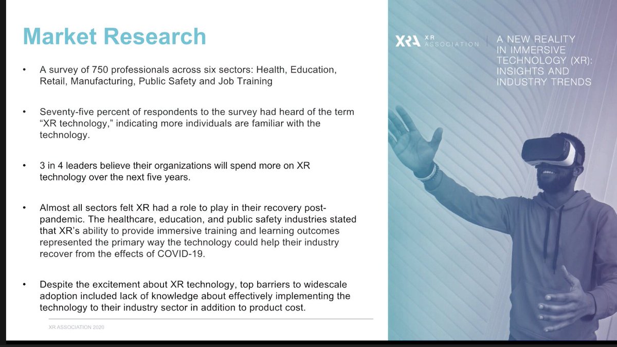 22/  @e_liz_dc showed some  @XRAssociation Resources:Supercharging the Virtual Workforce: Distance Learning & the Future of WorkXR Primer 2.0: A starter guide for XR Developers https://xra.org/research/xr-primer-2-0-a-starter-guide-for-developers/2020 AR & VR Survey Report https://xra.org/research/2020-augmented-and-virtual-reality-survey-report/