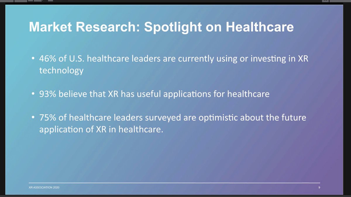 22/  @e_liz_dc showed some  @XRAssociation Resources:Supercharging the Virtual Workforce: Distance Learning & the Future of WorkXR Primer 2.0: A starter guide for XR Developers https://xra.org/research/xr-primer-2-0-a-starter-guide-for-developers/2020 AR & VR Survey Report https://xra.org/research/2020-augmented-and-virtual-reality-survey-report/