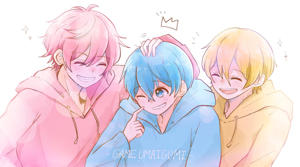 multiple boys male focus 3boys blonde hair pink hair blue hair hood  illustration images