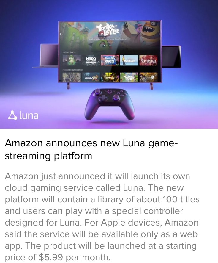 🎮 Amazon announces new Luna game-streaming platform

Save your time by reading/listening such short news. 🗞️🎧  Download the popular TidBeats app 🚀@ tidbeats.org

#AmazonLuna #Amazon #cloud #gaming #cloudgaming #tech #technews #Stadia #xCloud