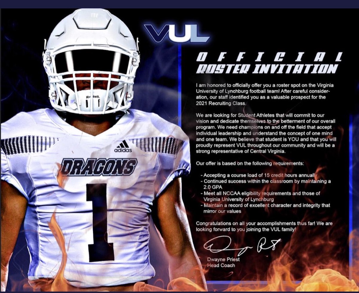 MarvinHolmes_'s tweet photo. Blessed to have received my 1st offer from the University of Lynchburg🙏🏽 #AGTG @mlew620 @RecruitingVHSFB https://t.co/sJv7b4uHek