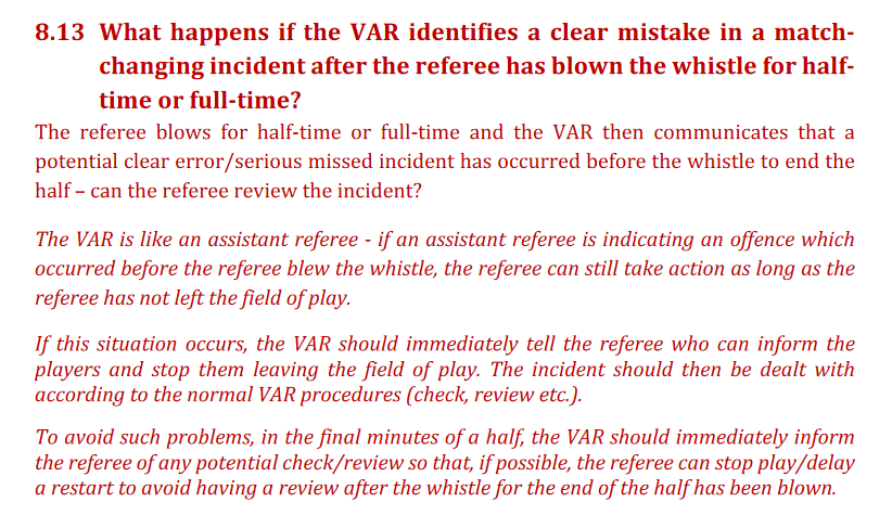 Sagirgm's tweet photo. "...If an assistant referee is indicating an offence which occured *before* blew the referee blew the whistle, the referee can still take action as long as the referee has not left the field of play." https://t.co/P7Nejj4ubf