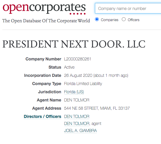 Den Tolmor set up a new company in FL on August 26, 2020 - President Next Door LLC with Joel Giambra (a former Erie County NY politician and now COO of Liberty Cab) https://opencorporates.com/companies/us_fl/L20000280261